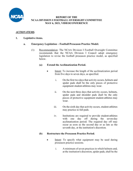Report of the Ncaa Division I Football Oversight Committee May 6, 2021, Videoconference
