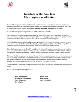 Canadians for the Great Bear This Is No Place for Oil Tankers