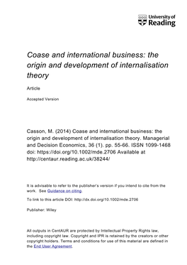 Coase and International Business: the Origin and Development of Internalisation Theory