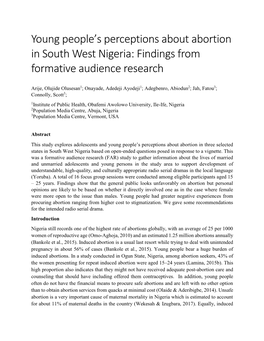 Young People's Perceptions About Abortion in South West Nigeria