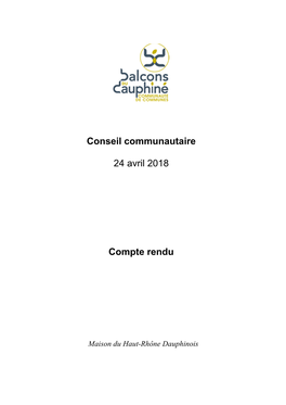 Conseil Communautaire 24 Avril 2018 Compte Rendu