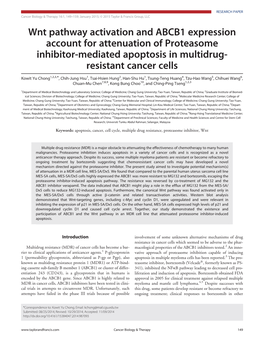 Wnt Pathway Activation and ABCB1 Expression Account for Attenuation of Proteasome Inhibitor-Mediated Apoptosis in Multidrug- Resistant Cancer Cells