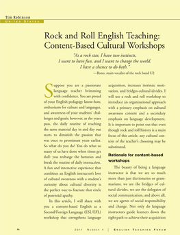 Rock and Roll English Teaching: Content-Based Cultural Workshops “As a Rock Star, I Have Two Instincts, I Want to Have Fun, and I Want to Change the World