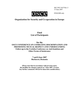 Organization for Security and Co-Operation in Europe Final List of Participants For