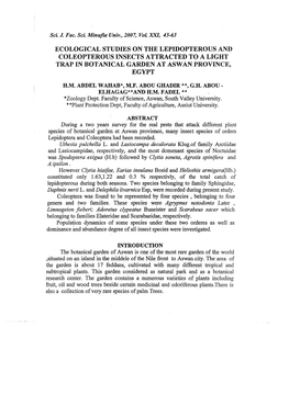 Ecological Studies on the Lepidopterous and Coleopterous Insects Attracted to a Light Trap in Botanical Garden at Aswan Province, Egypt