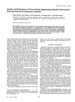 Amino Acid Sequence of Sweet-Taste-Suppressing Peptide (Gurmarin) from the Leaves of Gymnema Sylvestre