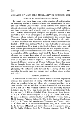 Analysis of Mass Bird Mortality in October, 1954