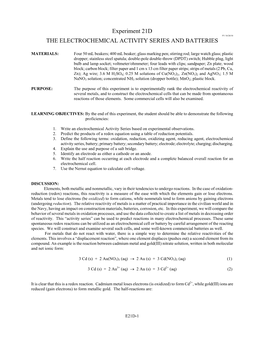 Experiment 21D the ELECTROCHEMICAL ACTIVITY SERIES and BATTERIES