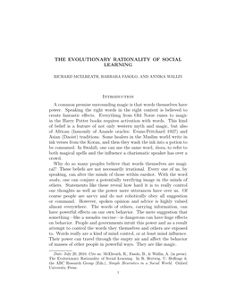 THE EVOLUTIONARY RATIONALITY of SOCIAL LEARNING Introduction a Common Premise Surrounding Magic Is That Words Themselves Have Po