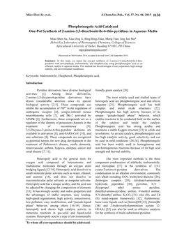 Phosphotungstic Acid Catalyzed One-Pot Synthesis of 2-Amino-3,5-Dicarbonitrile-6-Thio-Pyridines in Aqueous Media