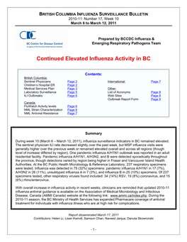 BRITISH COLUMBIA INFLUENZA SURVEILLANCE BULLETIN 2010-11: Number 17, Week 10 March 6 to March 12, 2011