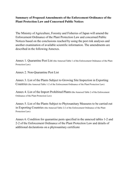 Summary of Proposed Amendments of the Enforcement Ordinance of the Plant Protection Law and Concerned Public Notices