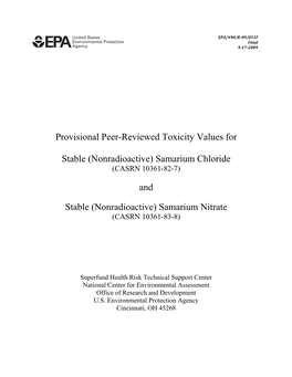 Nonradioactive) Samarium Chloride (Casrn 10361-82-7) and Stable (Nonradioactive) Samarium Nitrate (Casrn 10361-83-8