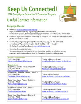Keep Us Connected! 2020 Campaign to Expand the SF Connected Program Useful Contact Information