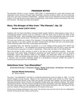 PROGRAM NOTES Mars, the Bringer of War from “The