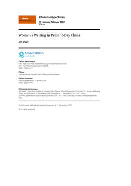 China Perspectives, 45 | January-February 2003 Women’S Writing in Present-Day China 2