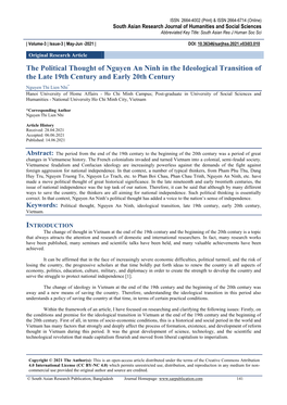 The Political Thought of Nguyen an Ninh in the Ideological Transition of the Late 19Th Century and Early 20Th Century