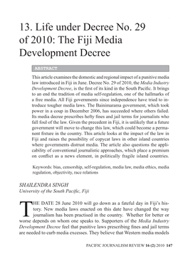 13. Life Under Decree No. 29 of 2010: the Fiji Media Development Decree