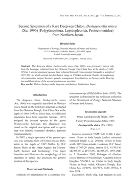 Second Specimen of a Rare Deep-Sea Chiton, Deshayesiella Sinica (Xu, 1990) (Polyplacophora, Lepidopleurida, Protochitonidae) from Northern Japan