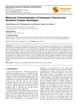 Molecular Characterization of Imazaquin Tolerant and Sensitive Cowpea Genotypes