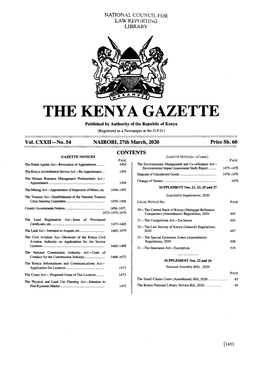 THE KENYA GAZETTE Published by Authority of the Republic of Kenya (Registered As a Newspaper at the G .P.0 .) � Vol