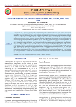 STUDIES on FRESH WATER ACTINOMYCETES DIVERSITY of MAYANUR DAM, TAMIL NADU, INDIA Anbalagan, R