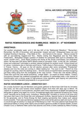 RAFOC REMINISCENCES and RAMBLINGS - WEEK 31 – 6Th NOVEMBER 2020 GREETINGS