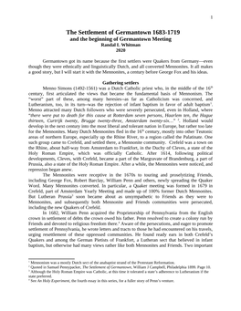 The Settlement of Germantown 1683-1719 and the Beginning of Germantown Meeting Randal L Whitman 2020