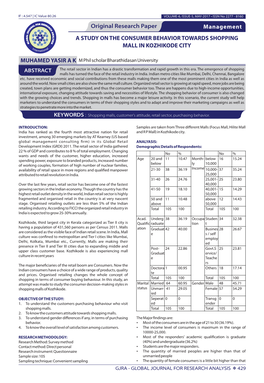 A Study on the Consumer Behavior Towards Shopping Mall in Kozhikode City