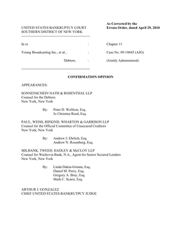 As Corrected by the UNITED STATES BANKRUPTCY COURT Errata Order, Dated April 29, 2010 SOUTHERN DISTRICT of NEW YORK