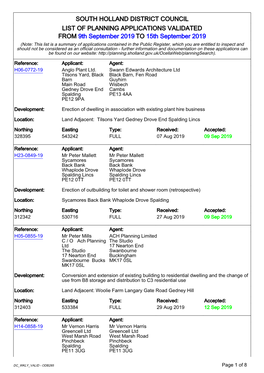 SOUTH HOLLAND DISTRICT COUNCIL LIST of PLANNING APPLICATIONS VALIDATED from 9Th September 2019 to 15Th September 2019