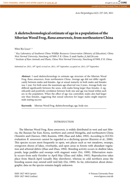 A Skeletochronological Estimate of Age in a Population of the Siberian Wood Frog, Rana Amurensis, from Northeastern China