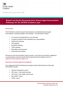 Bristol and South Gloucestershire School Aged Immunisation Pathways for the 2019/20 Academic Year