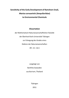 Sensitivity of the Early Development of Ramshorn Snail, Marisa Cornuarietis (Ampullariidae) to Environmental Chemicals