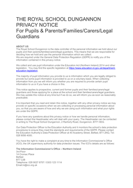 THE ROYAL SCHOOL DUNGANNON PRIVACY NOTICE for Pupils & Parents/Families/Carers/Legal Guardians