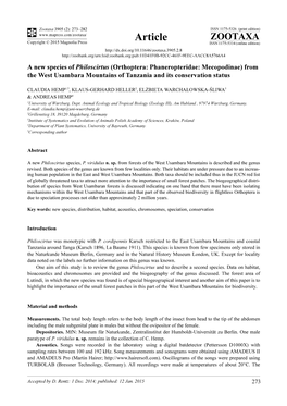 Orthoptera: Phaneropteridae: Mecopodinae) from the West Usambara Mountains of Tanzania and Its Conservation Status