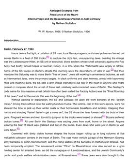 Abridged Excerpts from Resistance of the Heart: Intermarriage and the Rosenstrasse Protest in Nazi Germany by Nathan Stoltzfus W