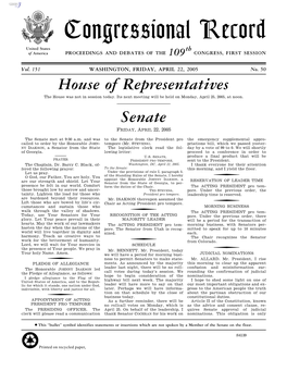 Congressional Record United States Th of America PROCEEDINGS and DEBATES of the 109 CONGRESS, FIRST SESSION