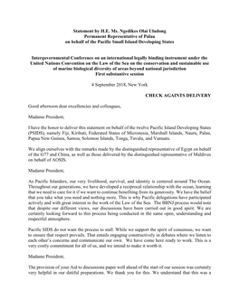 Statement by H.E. Ms. Ngedikes Olai Uludong Permanent Representative of Palau on Behalf of the Pacific Small Island Developing States