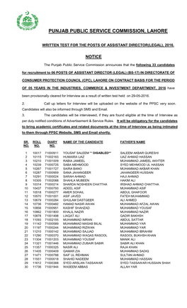 Written Test for the Posts of Assistant Director(Legal), 2016