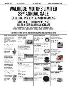 WALRIDGE MOTORS LIMITED 23Rd ANNUAL SALE -CELEBRATING 33 YEARS in BUSINESS- SALE ENDS FEBRUARY 28TH , 2021 ALL PRICES in CANADIAN DOLLARS U.S