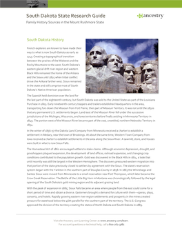 South Dakota State Research Guide Family History Sources in the Mount Rushmore State