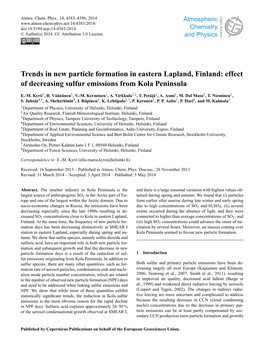 Trends in New Particle Formation in Eastern Lapland, Finland: Effect of Decreasing Sulfur Emissions from Kola Peninsula