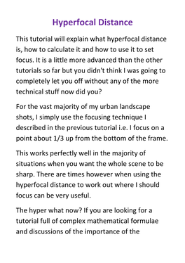 Hyperfocal Distance