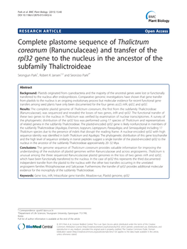 Complete Plastome Sequence of Thalictrum Coreanum (Ranunculaceae) and Transfer of the Rpl32 Gene to the Nucleus in the Ancestor
