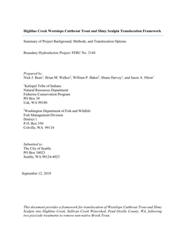 Highline Creek Westslope Cutthroat Trout and Slimy Sculpin Translocation Framework