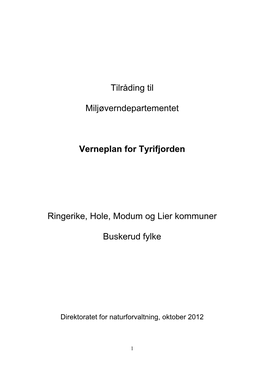 Tilråding Til Miljøverndepartementet Verneplan for Tyrifjorden Ringerike