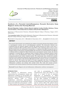 Synthesis of a Potential Anti-Inflammatory Pyrazole Derivative from Hippuric Acid As the Starting Material