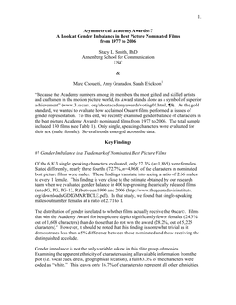 1. Asymmetrical Academy Awards®? a Look at Gender Imbalance in Best