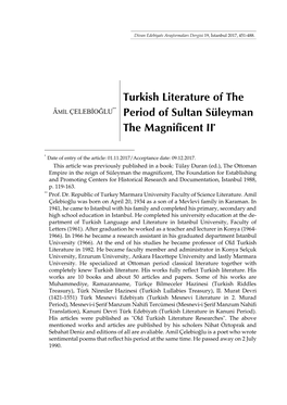 Turkish Literature of the Period of Sultan Süleyman the Magnificent